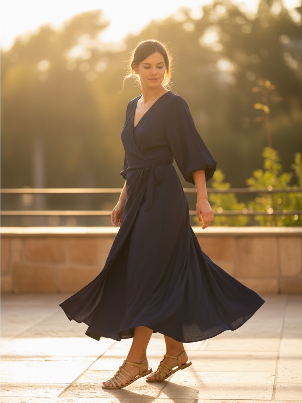 Elegant Navy Wrap Maxi Dress with Tie Waist